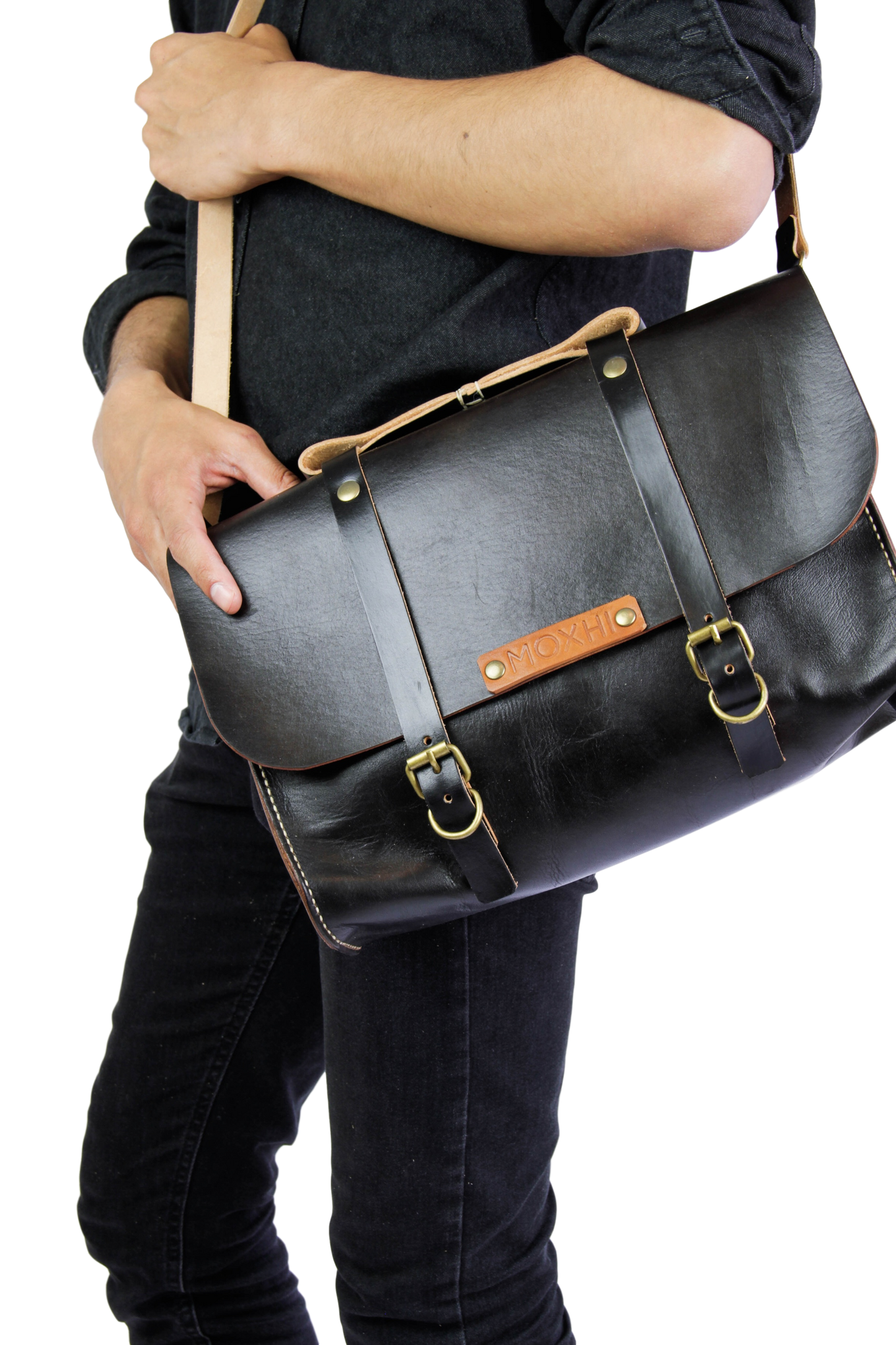 Black organic leather messenger bag men