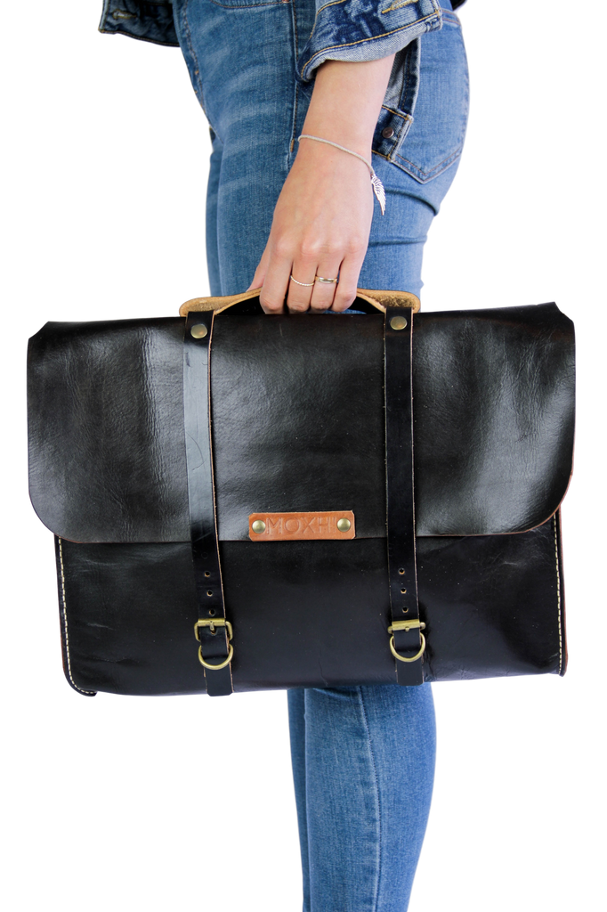Handcrafted black leather briefcase women