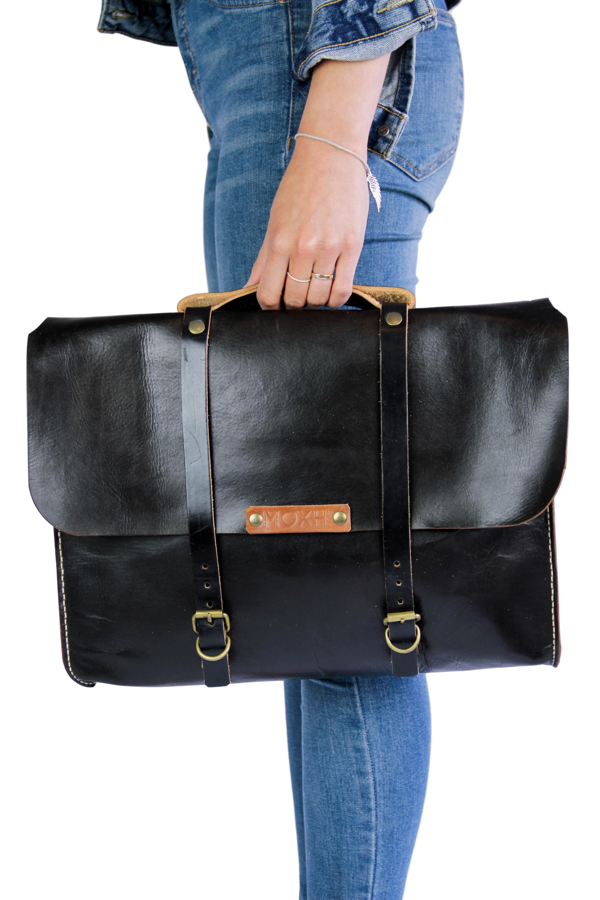 Artisanal briefcase black organic leather