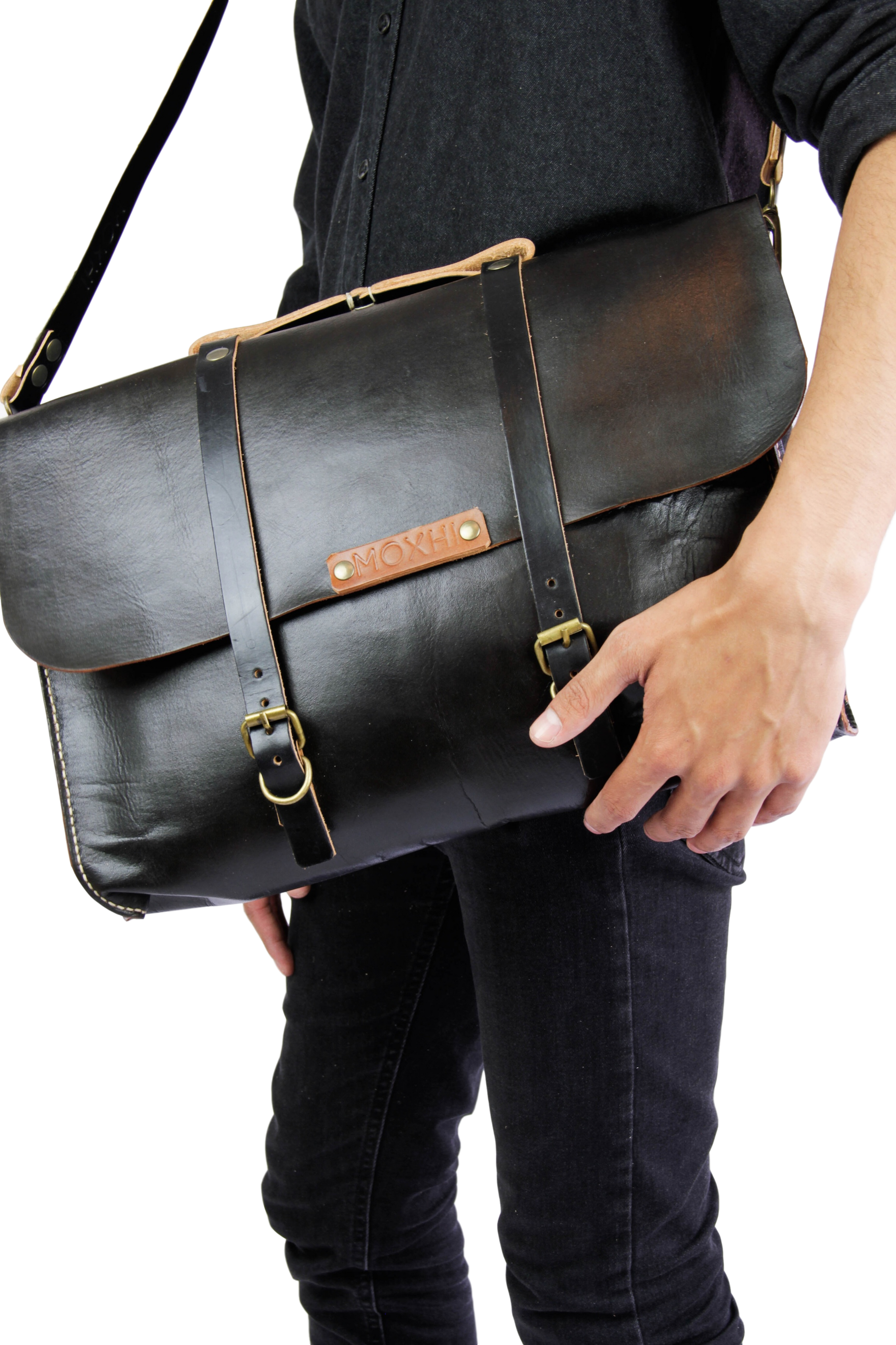 Handcrafted briefcase black organic leather