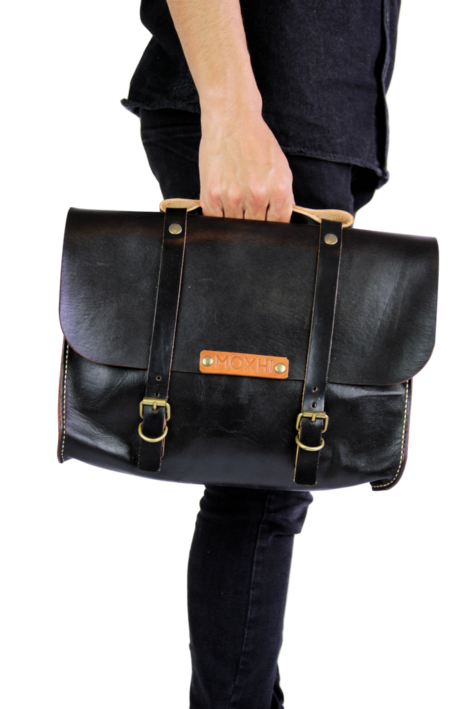 Black organic leather briefcase men