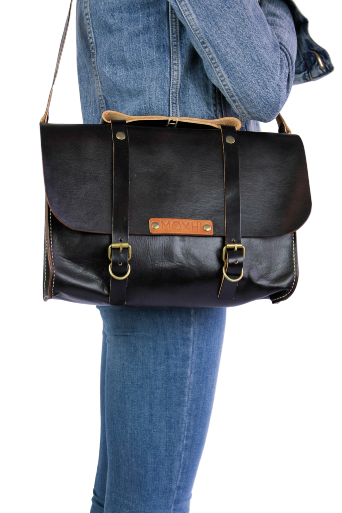 Black eco leather messenger bag women