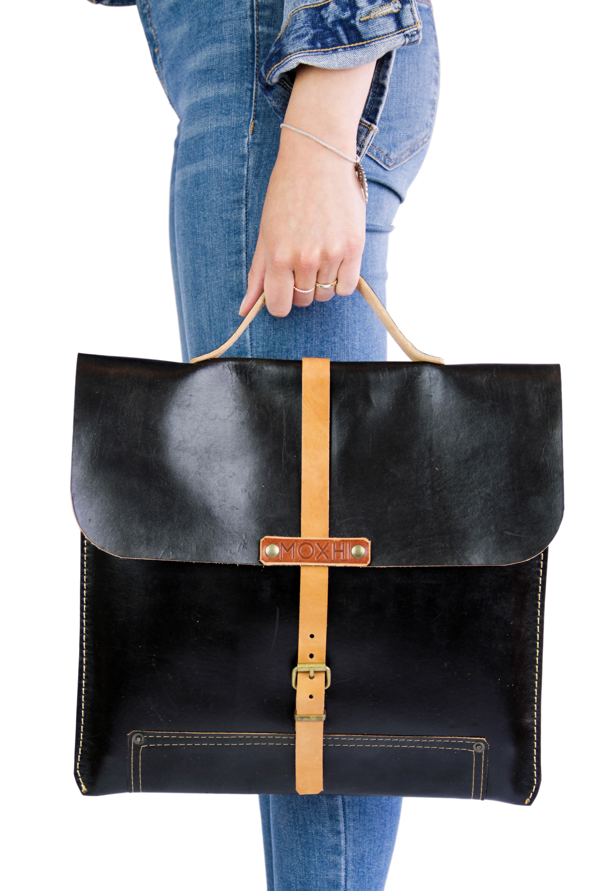 Black leather fair trade briefcase women