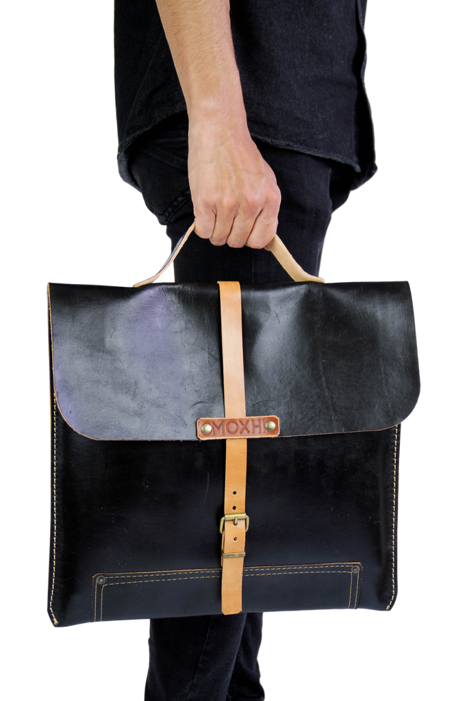 Black leather sustainable briefcase men