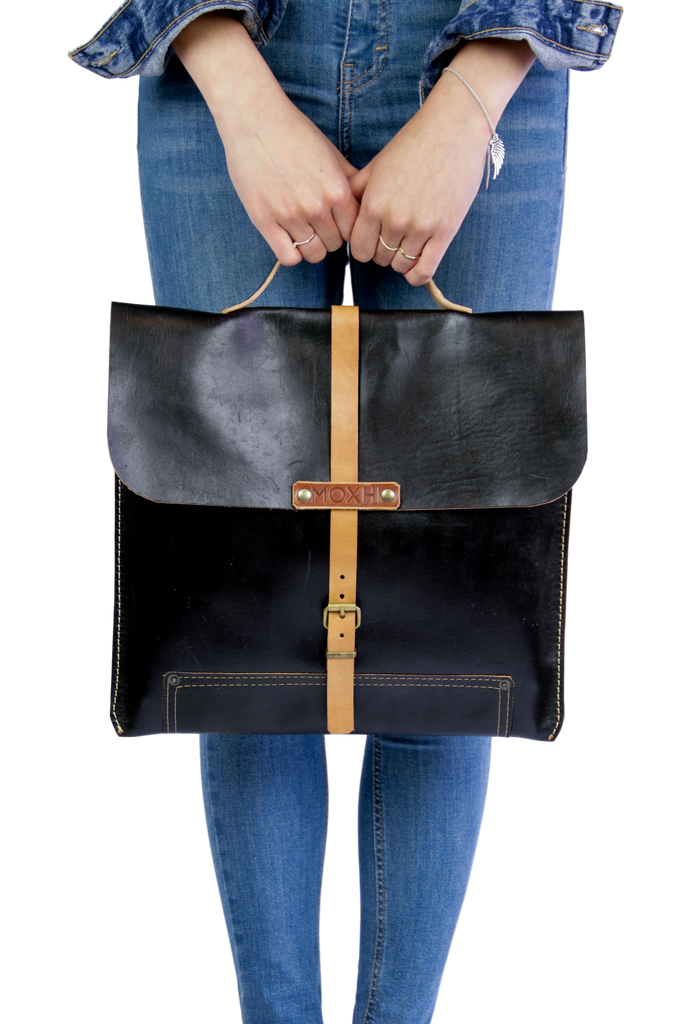 black leather vintage briefcase handmade