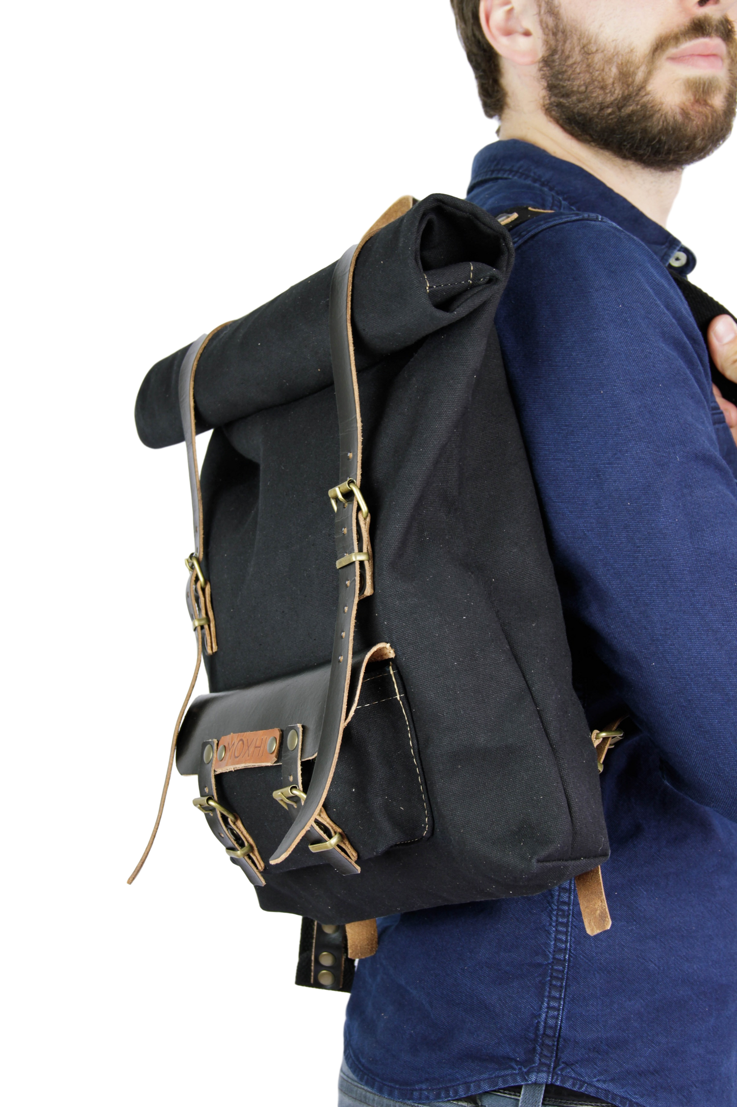 Black artisanal rolltop backpack handmade men