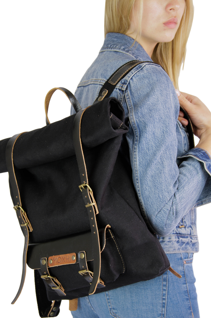 Black artisan rolltop backpack women