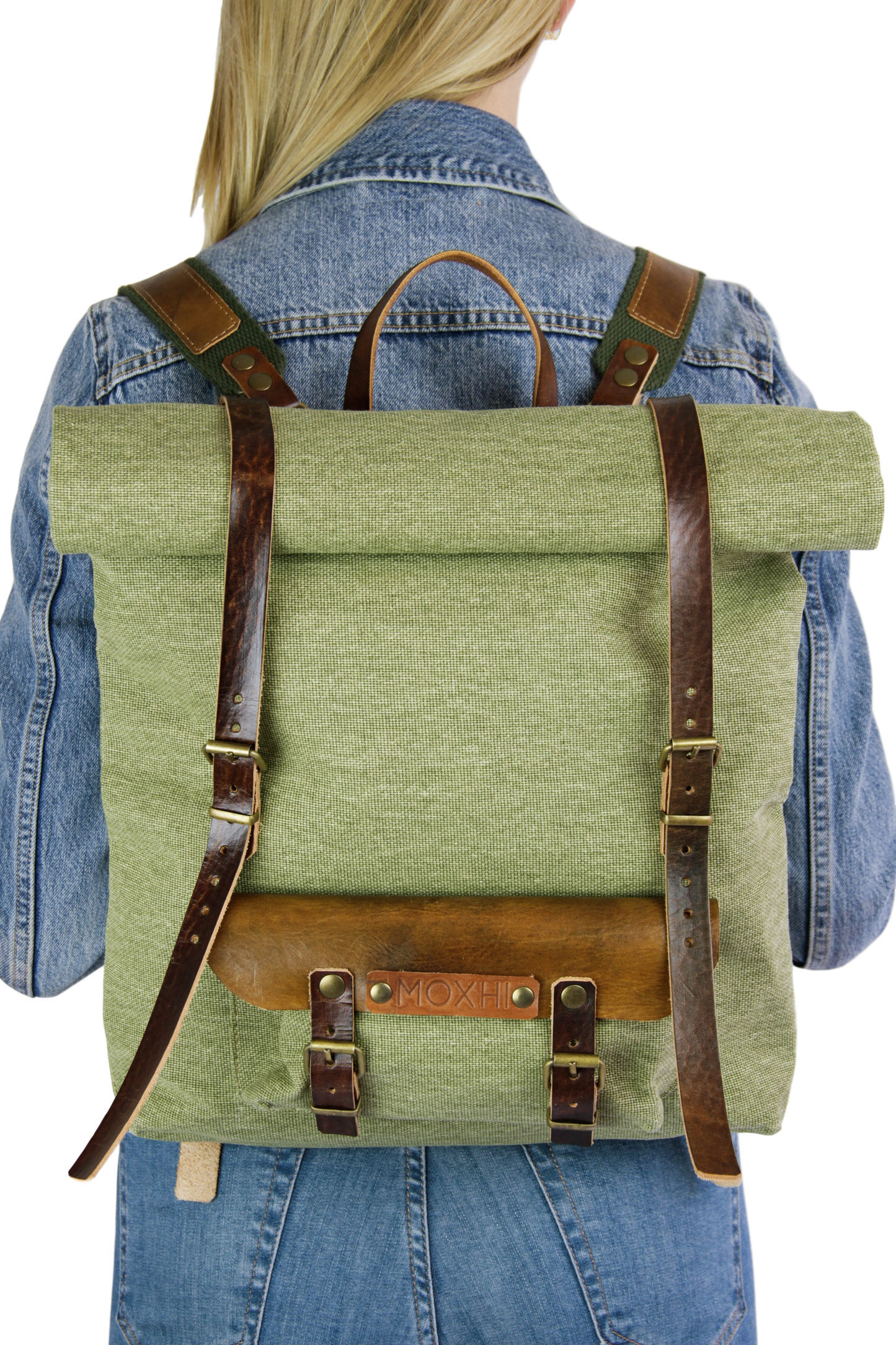 Cotton leather rolltop backpack women